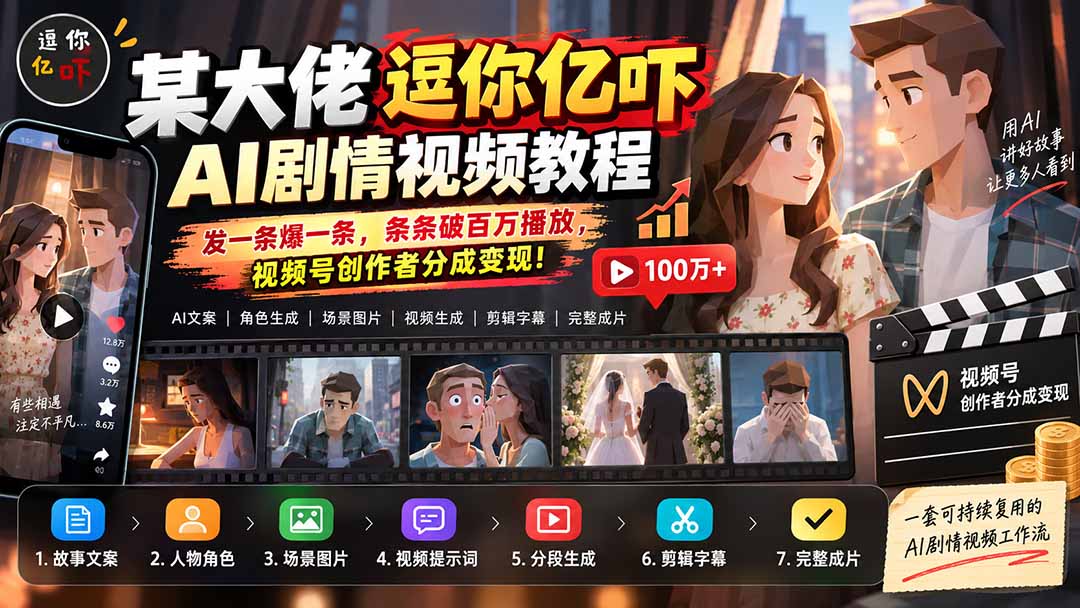 某大佬逗你亿吓AI低模剧情视频制作教程:发一条爆一条,条条破百万播放,利用视频号创作者分成变现!-龙大资源