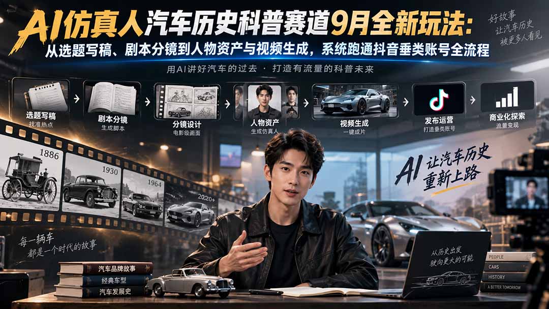 AI仿真人汽车历史科普赛道9月全新玩法:从选题写稿、剧本分镜到人物资产与视频生成,系统跑通抖音垂类账号全流程-龙大资源