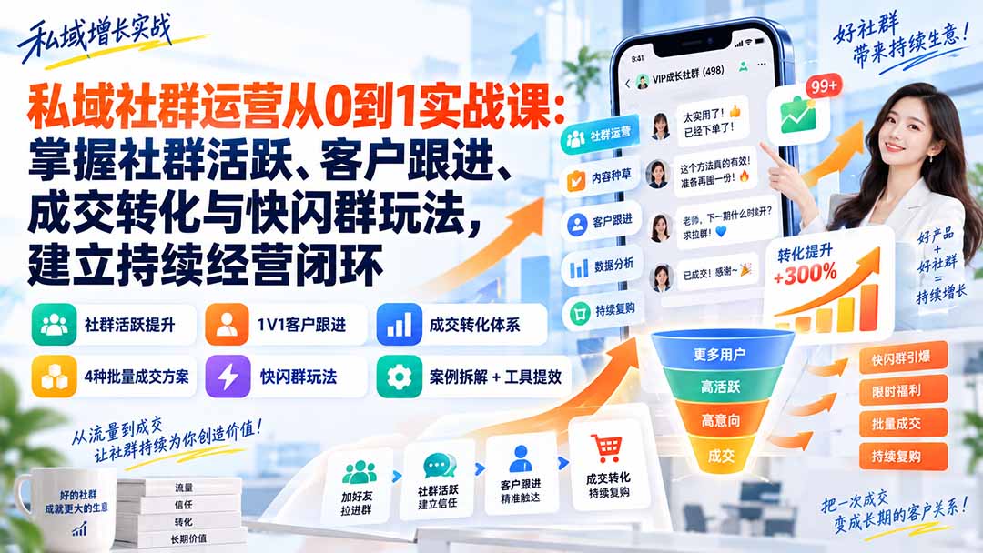 私域社群运营从0到1实战课:掌握社群活跃、客户跟进、成交转化与快闪群玩法,建立持续经营闭环-龙大资源