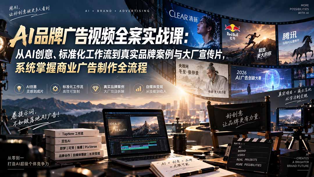 AI品牌广告视频全案实战课:从AI创意、标准化工作流到真实品牌案例与大厂宣传片,系统掌握商业广告制作全流程-龙大资源