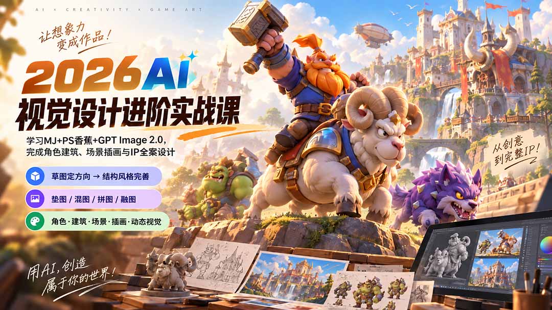 2026AI视觉设计进阶实战课-更新:学习MJ+PS香蕉+GPT Image 2.0,完成角色建筑、场景插画与IP全案设计-龙大资源