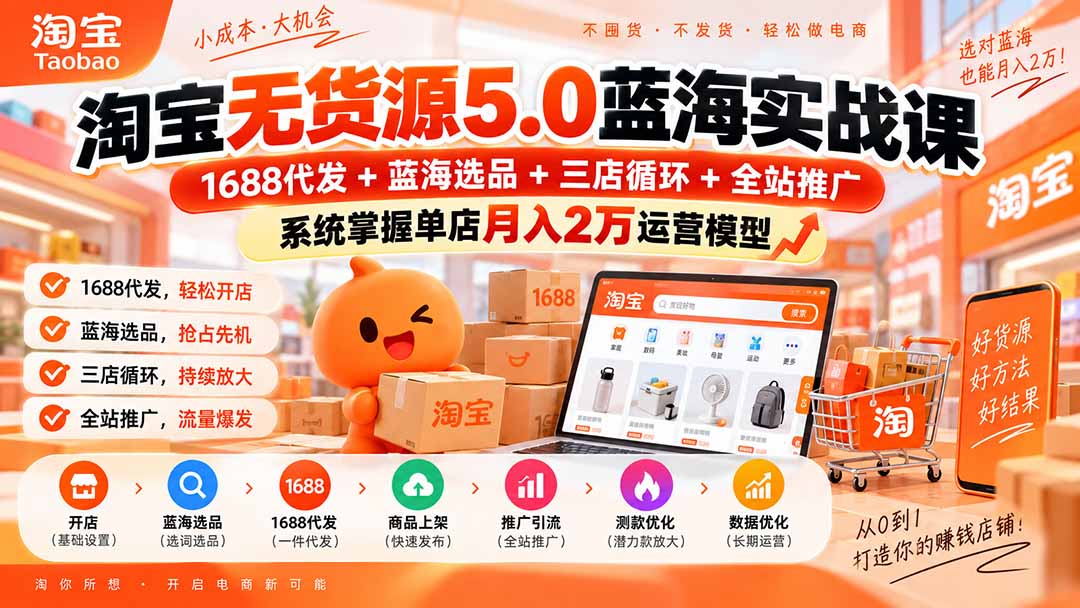 淘宝无货源5.0蓝海实战课-更新:1688代发+蓝海选品+三店循环+全站推广,系统掌握单店月入2万运营模型-龙大资源