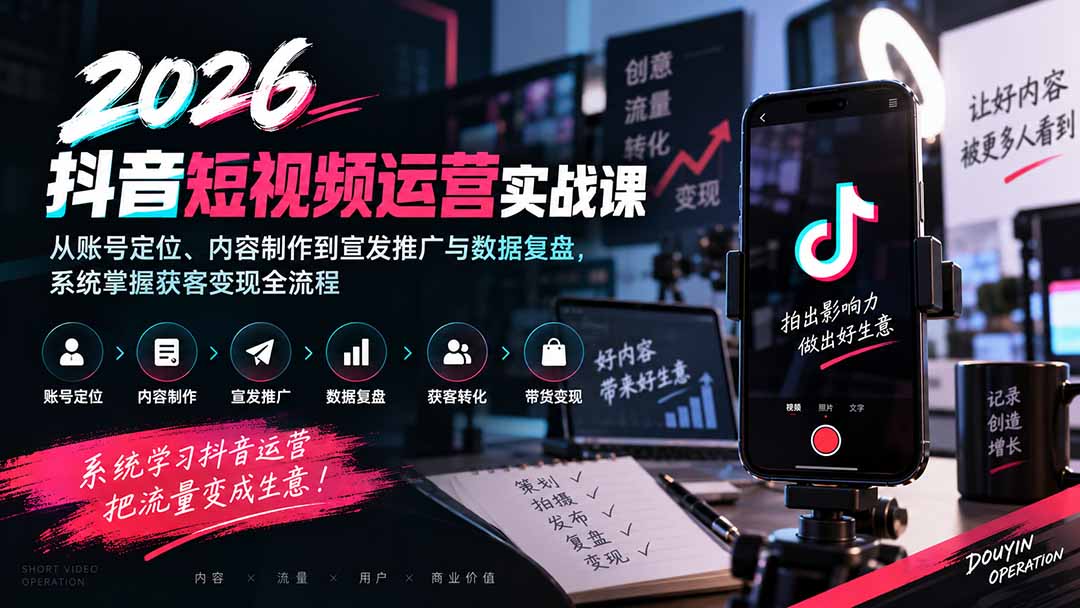 2026抖音短视频运营实战课:从账号定位、内容制作到宣发推广与数据复盘,系统掌握获客变现全流程-龙大资源