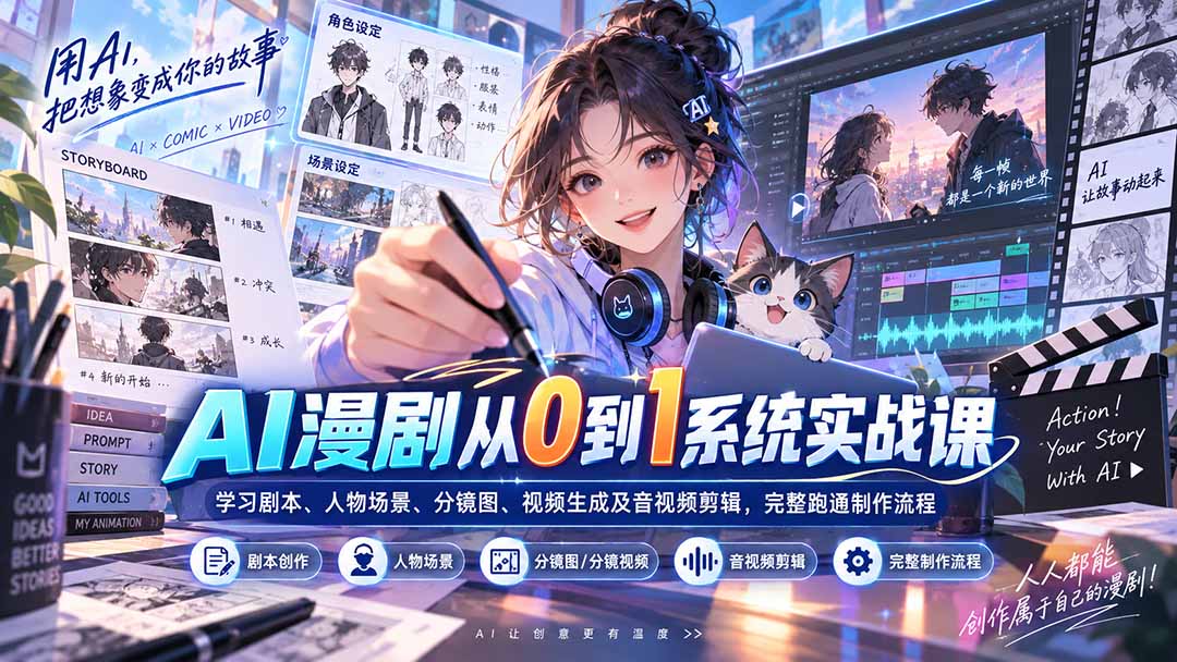 AI漫剧从0到1系统实战课:学习剧本、人物场景、分镜图、视频生成及音视频剪辑,完整跑通制作流程-龙大资源