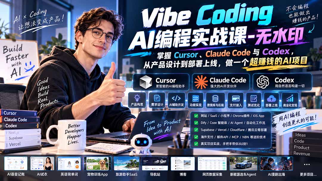 Vibe Coding AI编程实战课-无水印:掌握Cursor、Claude Code与Codex,从产品设计到部署上线,做一个超赚钱的AI项目-龙大资源