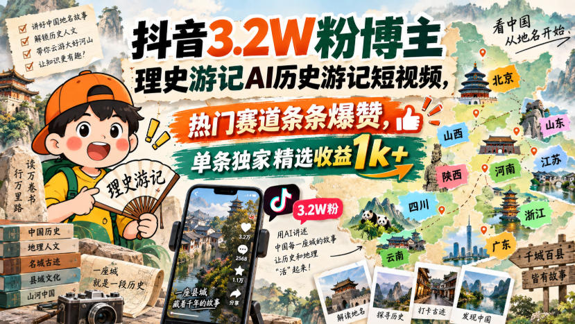 抖音3.2W粉博主理史游记AI历史游记短视频教学,热门赛道条条爆赞,单条独家精选收益1k+-龙大资源