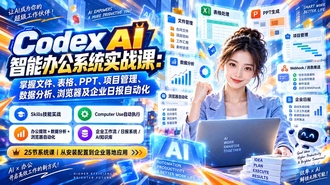Codex AI智能办公系统实战课：掌握文件、表格、PPT、项目管理、数据分析、浏览器及企业日报自动化-龙大资源