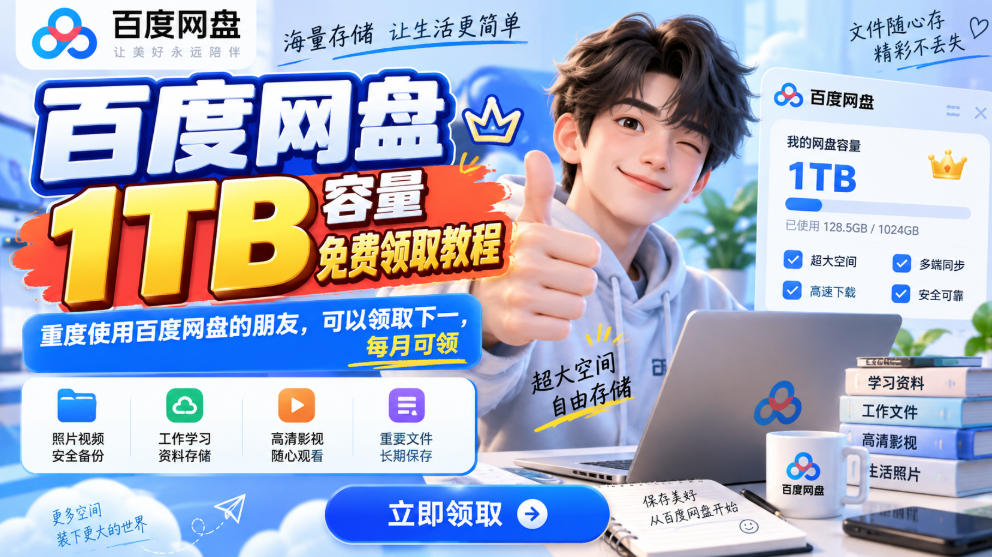 百度网盘1TB容量免费领取教程,重度使用百度网盘的朋友,可以领取下一,每月可领-龙大资源
