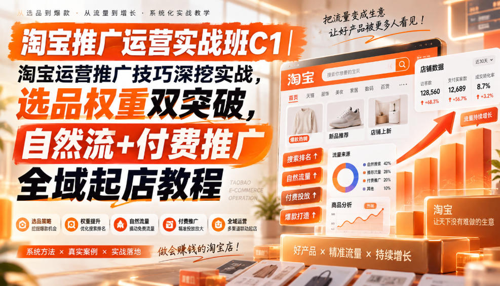 淘宝推广运营实战班C1|淘宝运营推广技巧深挖实战,选品权重双突破,自然流+付费推广全域起店教程-龙大资源