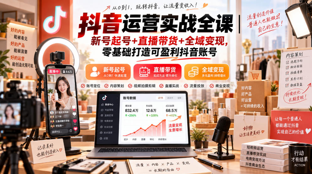 抖音运营实战全课|新号起号+直播带货+全域变现,零基础打造可盈利抖音账号-龙大资源