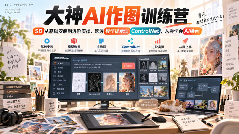 大神AI作图训练营,SD从基础安装到进阶实操,吃透模型提示词ControlNet,从零学会AI绘画-龙大资源