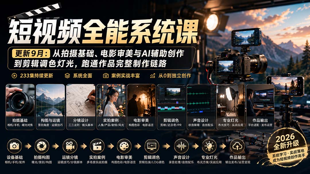 短视频全能系统课-9月完整版:从拍摄基础、电影审美与AI辅助创作到剪辑调色灯光,跑通作品完整制作链路-龙大资源