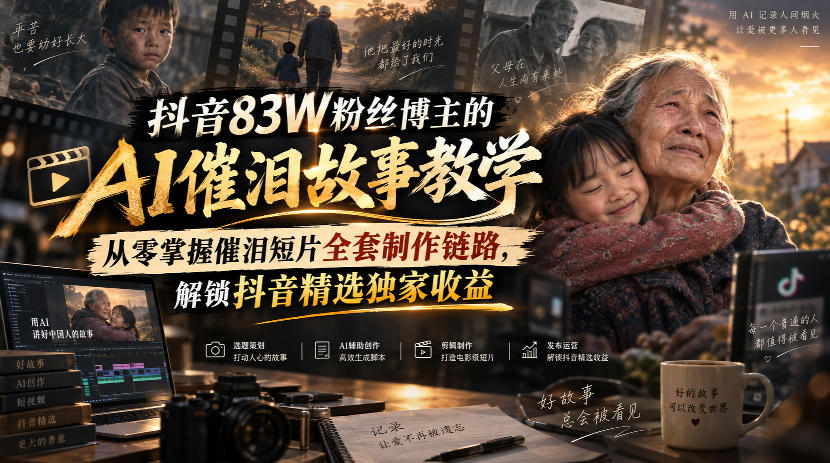 抖音83W粉丝博主的AI催泪故事教学，从零掌握催泪短片全套制作链路，解锁抖音精选独家收益-龙大资源