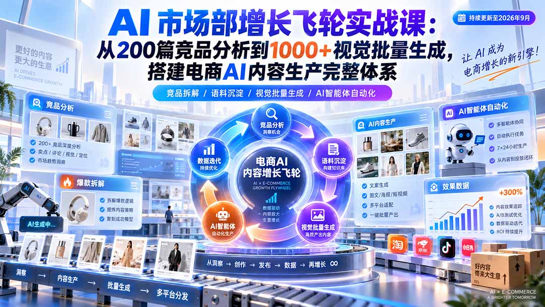 AI 市场部增长飞轮实战课:从200篇竞品分析到1000+视觉批量生成,搭建电商AI内容生产完整体系-龙大资源