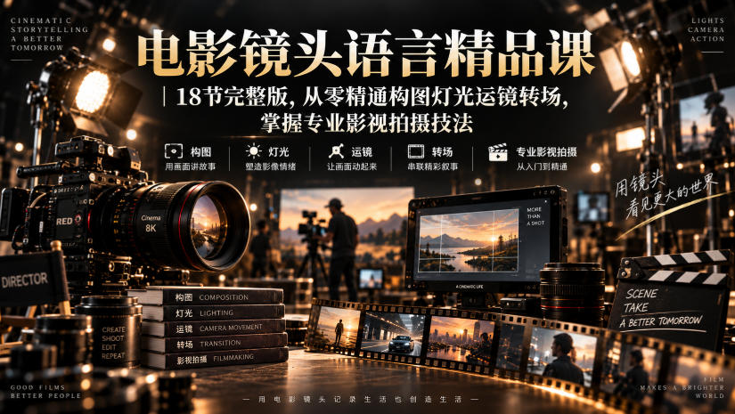 电影镜头语言精品课|18节完整版,从零精通构图灯光运镜转场,掌握专业影视拍摄技法-龙大资源