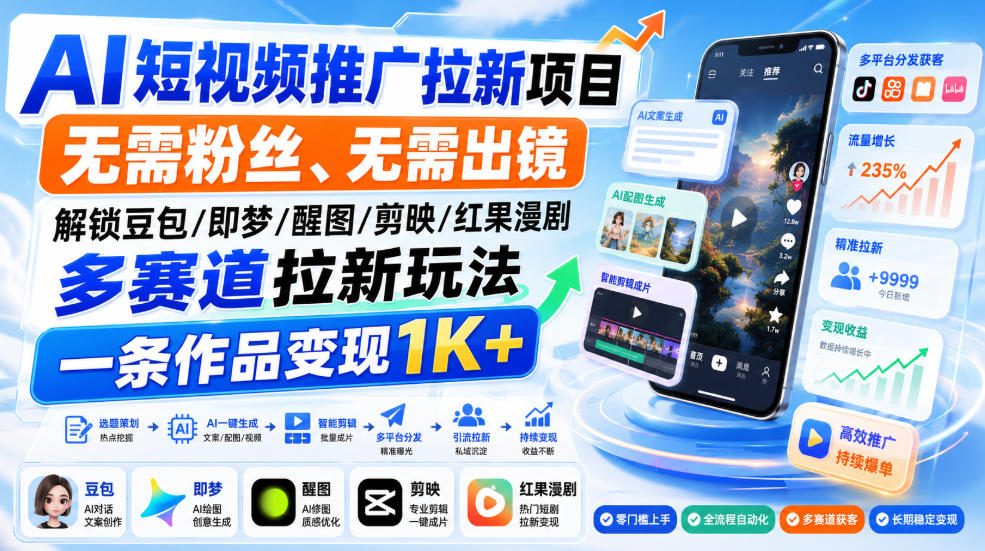 AI短视频推广拉新项目,无需粉丝、无需出镜,解锁豆包/即梦/醒图/剪映/红果漫剧多赛道拉新玩法,一条作品变现1K+(更新0910)-龙大资源