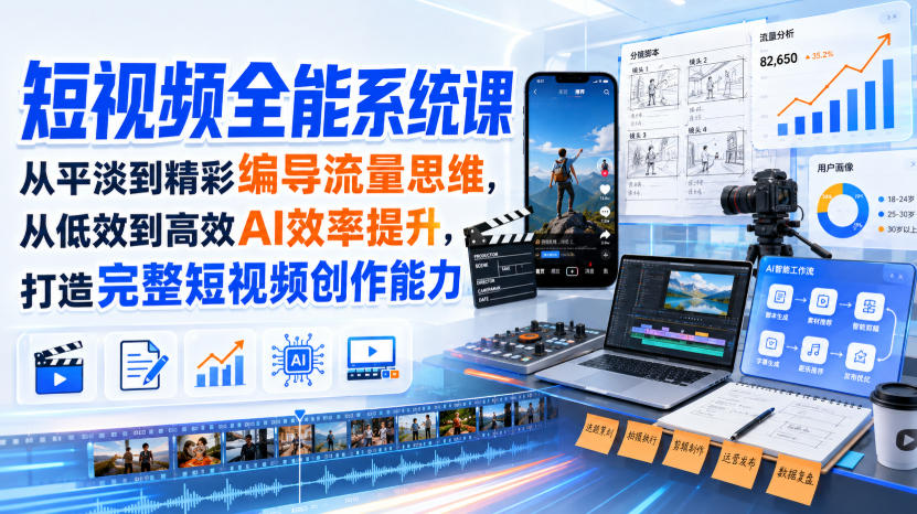 短视频全能系统课,从平淡到精彩编导流量思维,从低效到高效AI效率提升,打造完整短视频创作能力(完整版)-龙大资源