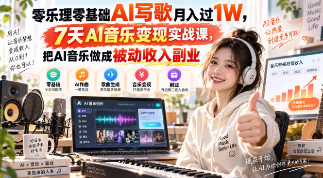 零乐理零基础AI写歌月入过1W,7天AI音乐变现实战课,把AI音乐做成被动收入副业-龙大资源