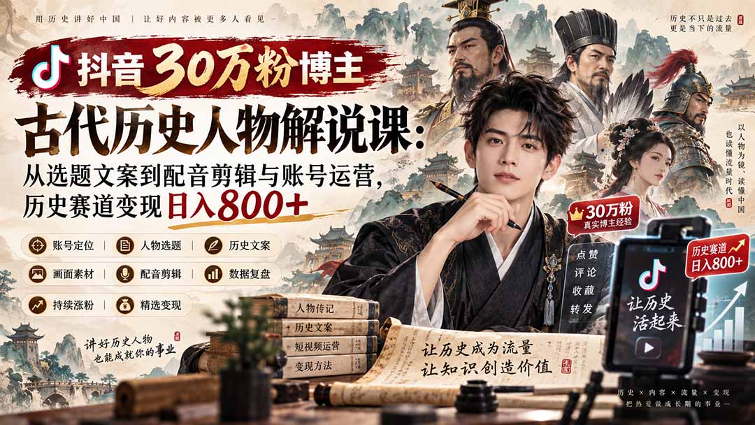 抖音30万粉博主古代历史人物解说课：从选题文案到配音剪辑与账号运营，历史赛道变现日入800+-龙大资源