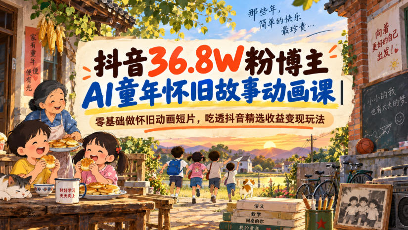 抖音36.8W粉博主AI童年怀旧故事动画课|零基础做怀旧动画短片,吃透抖音精选收益变现玩法-龙大资源