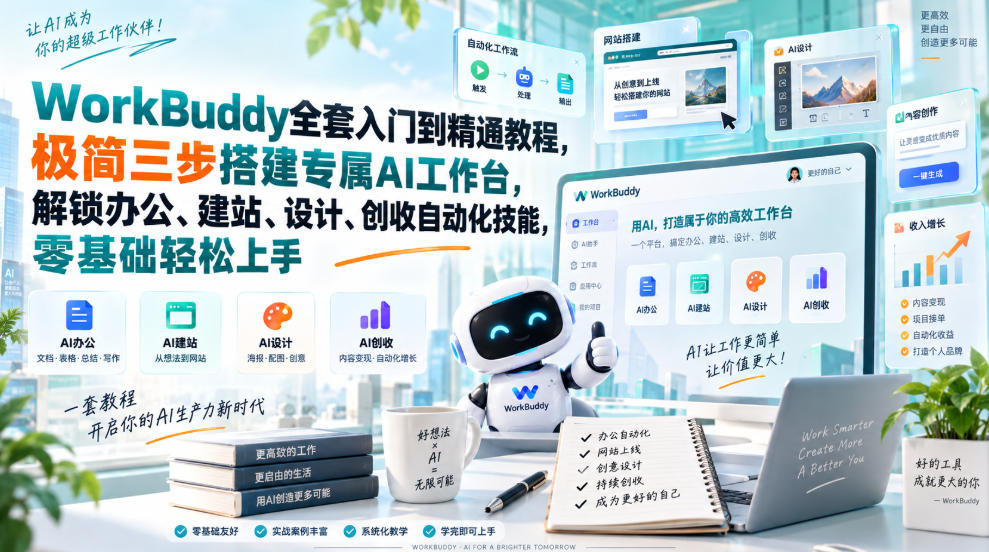 WorkBuddy全套入门到精通教程,极简三步搭建专属AI工作台,解锁办公、建站、设计、创收自动化技能,零基础轻松上手-龙大资源