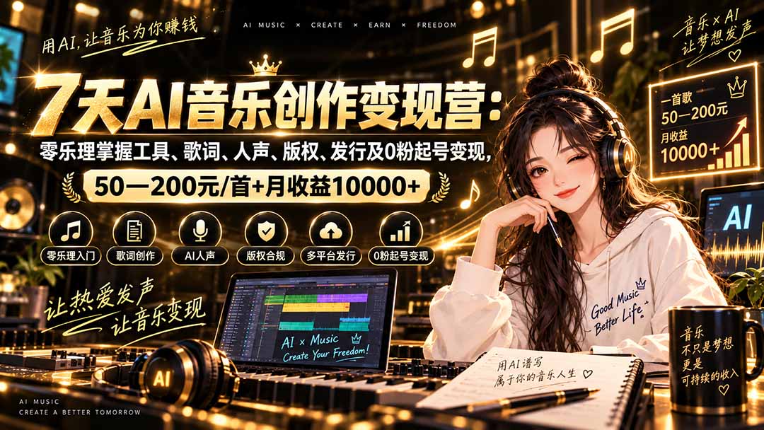 AI音乐创作变现营：零乐理掌握工具、歌词、人声、版权、发行及0粉起号变现，50—200元/首+月收益10000+-龙大资源