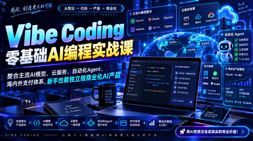 Vibe Coding零基础AI编程实战课-无水印,整合主流AI模型、云服务、自动化Agent、海内外支付体系,新手也能独立做商业化AI产品-龙大资源