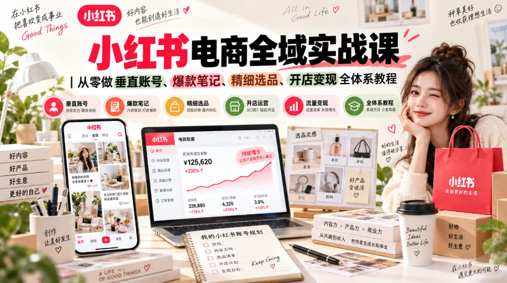 小红书电商全域实战课|从零做垂直账号、爆款笔记、精细选品、开店变现全体系教程-龙大资源