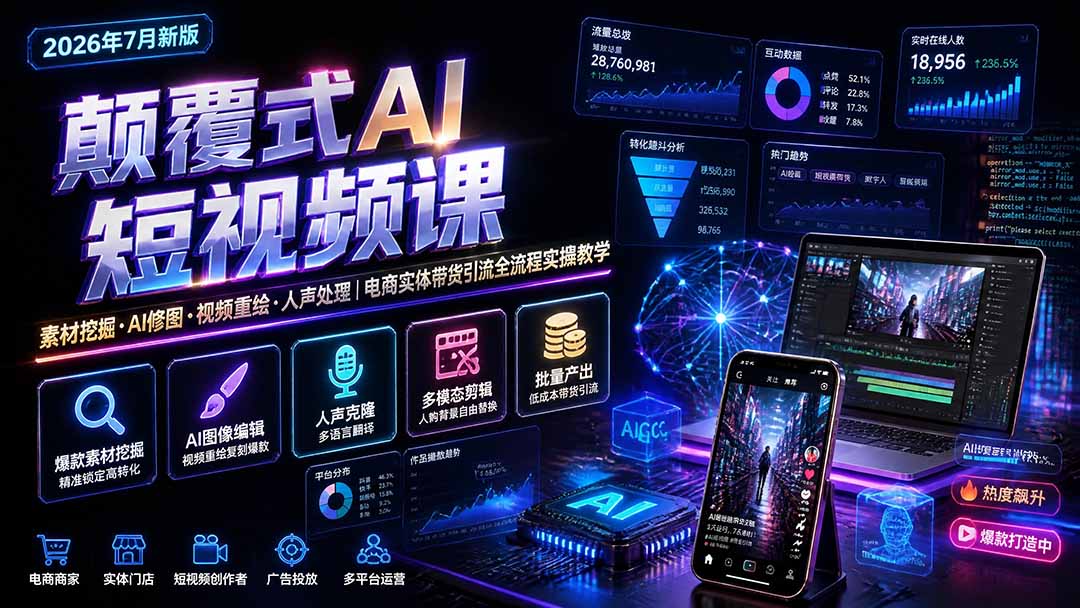 颠覆式AI短视频课|素材挖掘,AI修图,视频重绘,人声处理|电商实体带货引流全流程实操教学-龙大资源