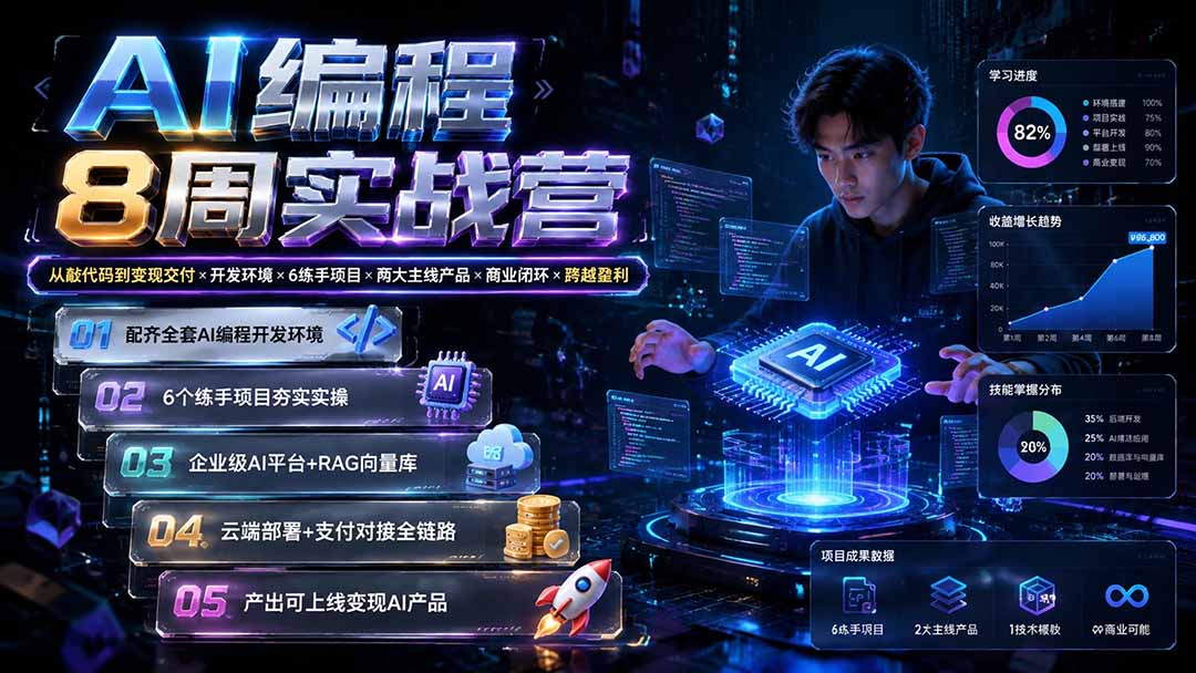 AI编程8周实战营:从敲代码到变现交付×开发环境×6练手项目×两大主线产品×商业闭环×跨越盈利-龙大资源