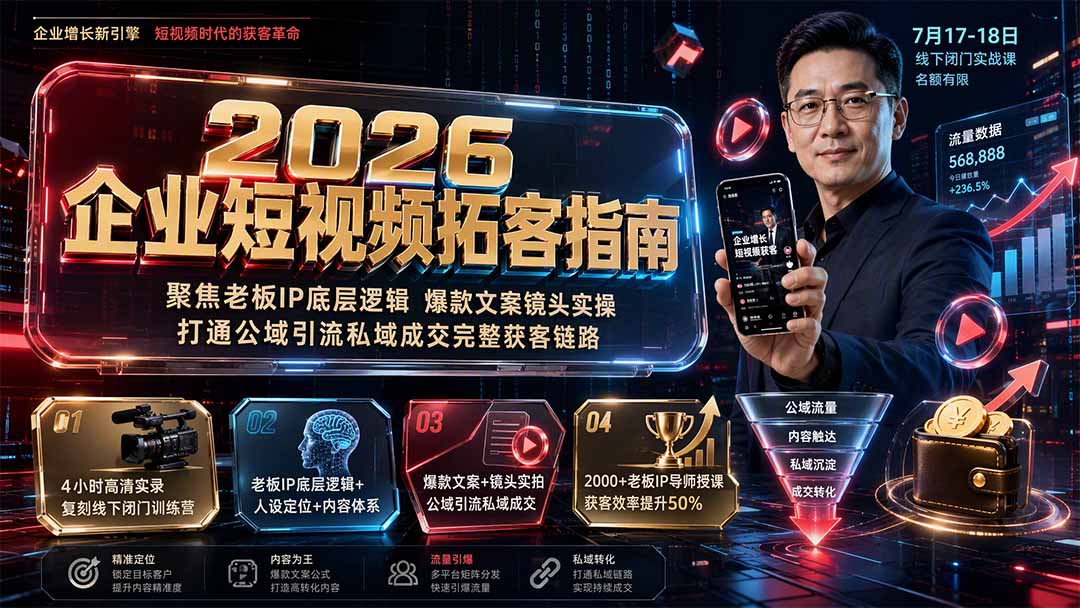 2026企业短视频拓客指南:聚焦老板IP底层逻辑,爆款文案镜头实操,打通公域引流私域成交完整获客链路-龙大资源