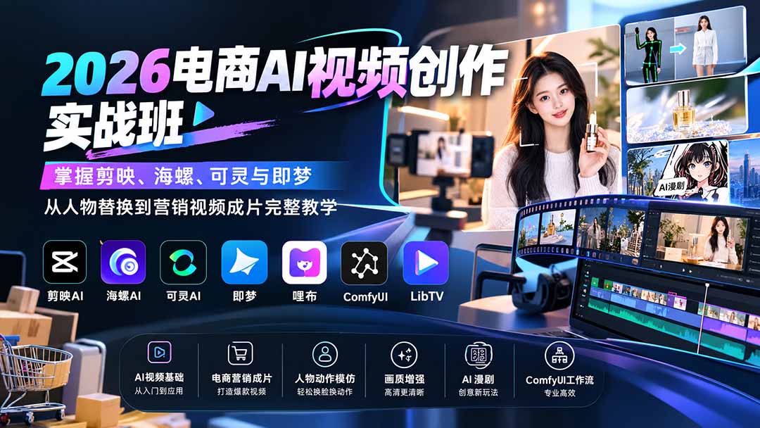 2026电商AI视频创作实战班：掌握剪映、海螺、可灵与即梦，从人物替换到营销视频成片完整教学-龙大资源