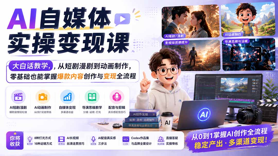 AI自媒体实操变现课|大白话教学,从短剧漫剧到动画制作,零基础也能掌握爆款内容创作与变现全流程-龙大资源