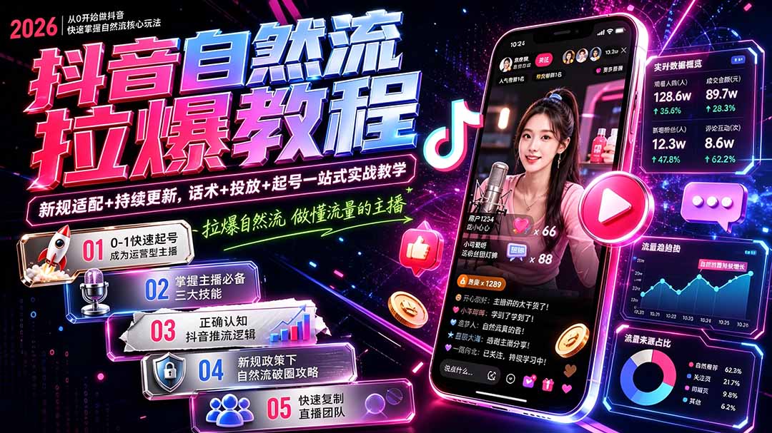 抖音自然流拉爆教程-更新7月:做懂流量的主播,新规适配+持续更新,话术+投放+起号一站式实战教学-龙大资源