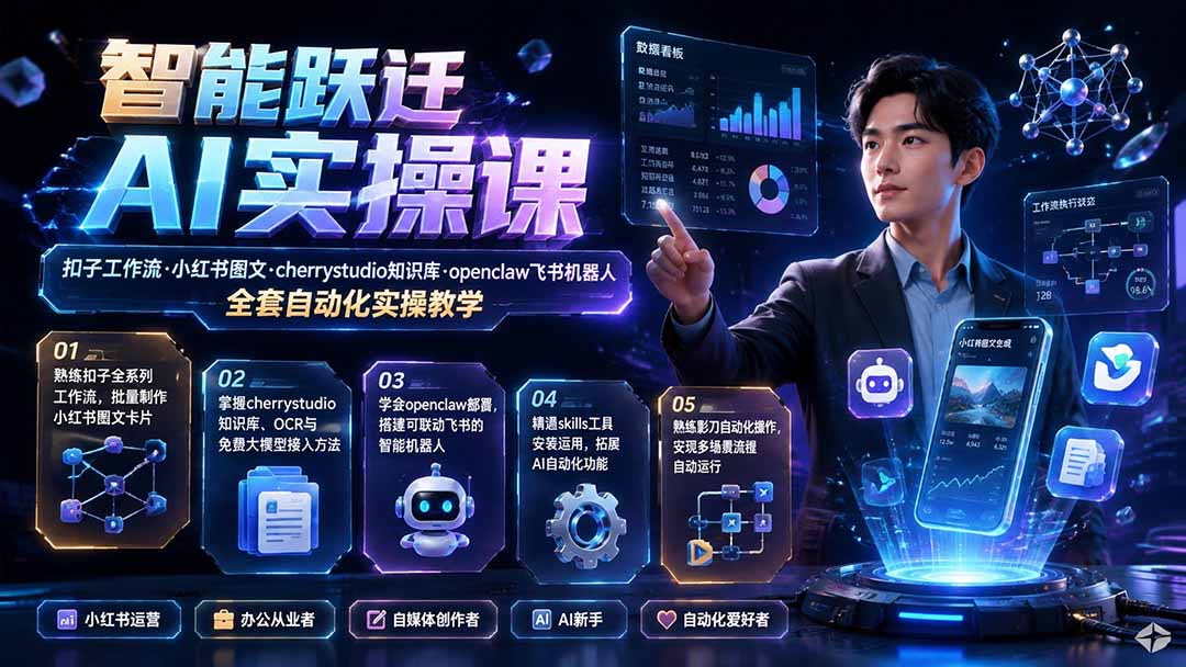 智能跃迁 AI实操课|扣子工作流小红书图文搭建,cherrystudio知识库openclaw飞书机器人全套自动化实操教学-龙大资源