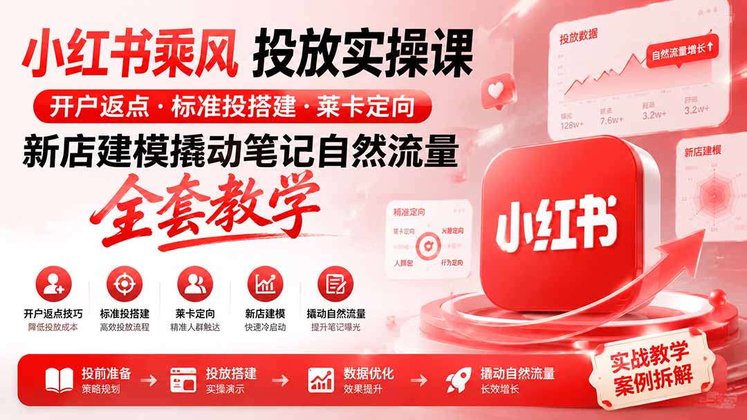小红书乘风投放-100分钟实操课|开户返点·标准投搭建·莱卡定向,新店建模撬动笔记自然流量全套教学-龙大资源