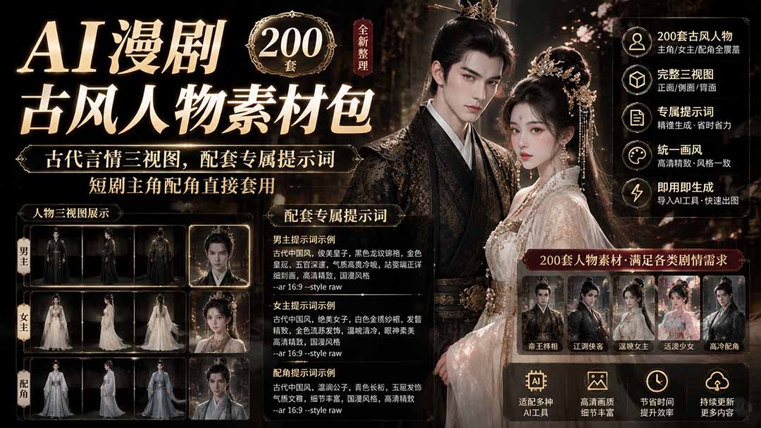 AI漫剧古风人物素材包+提示词｜200 套古代言情三视图，配套专属提示词短剧主角配角直接套用-龙大资源