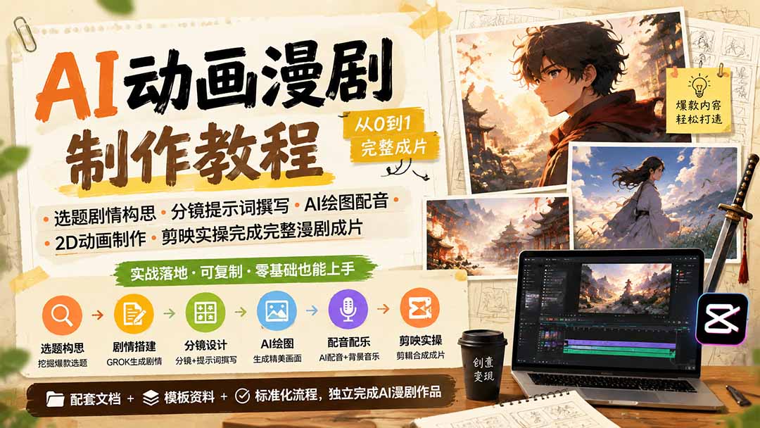 AI动画漫剧制作教程|选题剧情构思·分镜提示词撰写·AI绘图配音·2D动画制作·剪映实操完成完整漫剧成片-龙大资源