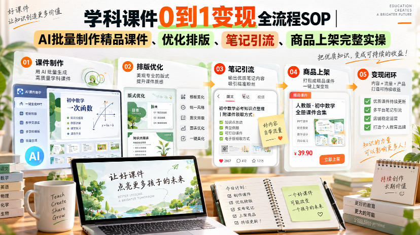 学科课件0到1变现全流程SOP｜AI批量制作精品课件、优化排版、笔记引流、商品上架完整实操​-龙大资源