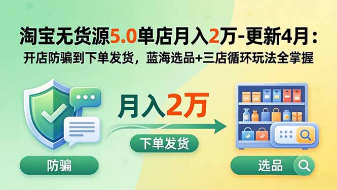 淘宝无货源5.0单店月入2万-更新2026:开店防骗到下单发货,蓝海选品+三店循环玩法全掌握-龙大资源