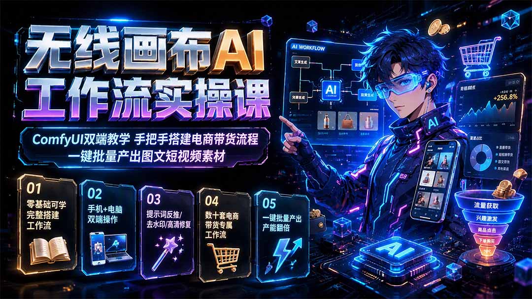 无线画布AI工作流实操课|ComfyUI双端教学,手把手搭建电商带货流程,一键批量产出图文短视频素材-龙大资源