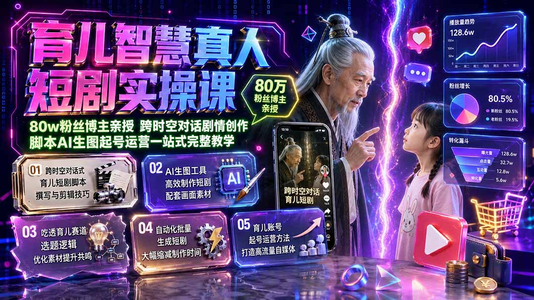 育儿智慧真人短剧实操课|80w粉丝博主亲授,跨时空对话剧情创作,脚本AI生图起号运营一站式完整教学-龙大资源
