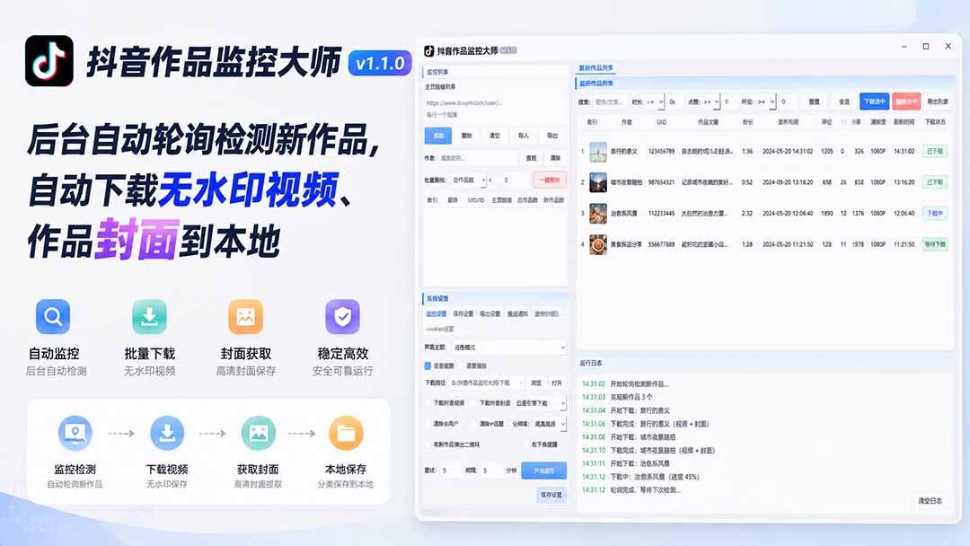 抖音作品监控大师v1.1.0：后台自动轮询检测新作品，自动下载无水印视频、作品封面到本地-龙大资源
