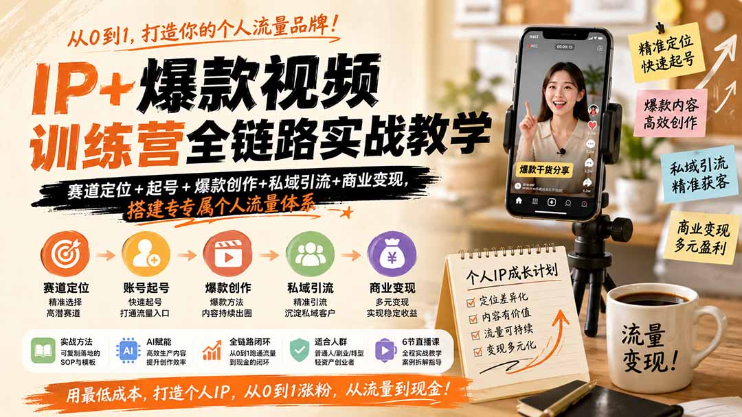 IP+爆款视频训练营全链路实战教学；赛道定位+起号+爆款创作+私域引流+商业变现，搭建专属个人流量体系-龙大资源