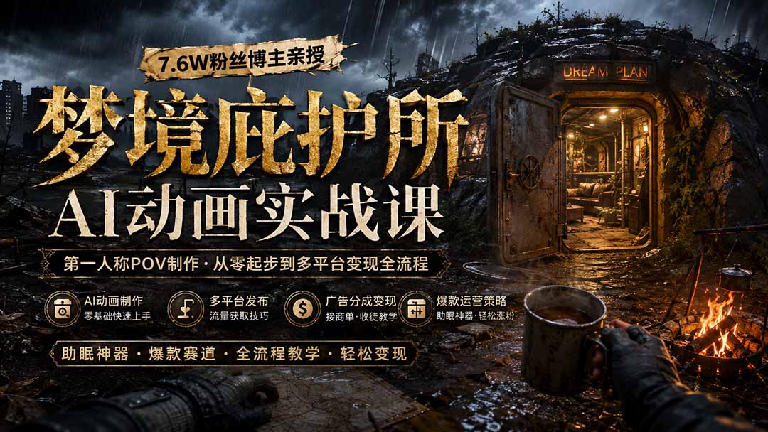 梦境庇护所AI动画实战课:7.6W粉丝博主亲授第一人称POV制作,从零起步到多平台发布变现全流程-龙大资源