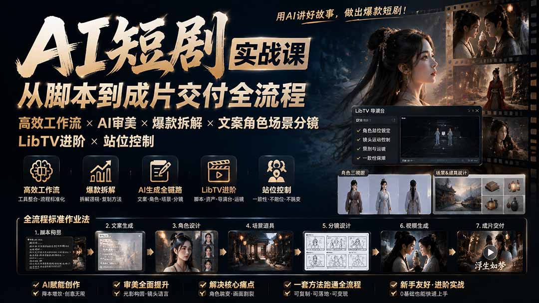 AI短剧实战课:高效工作流×AI审美×爆款拆解×文案角色场景分镜×LibTV进阶×站位控制×从脚本到成片交付全流程-龙大资源