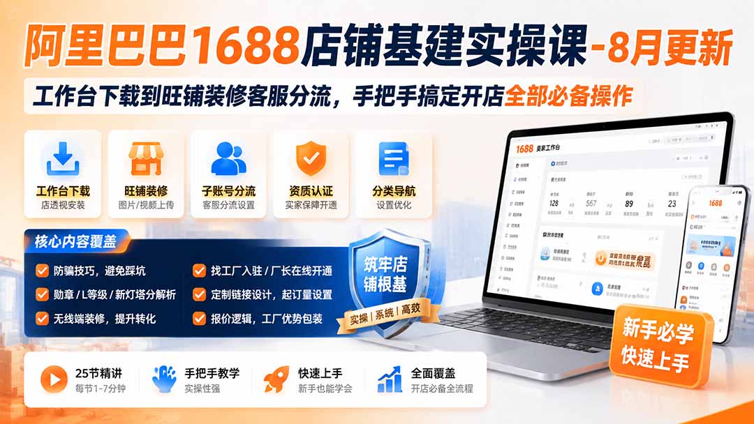 阿里巴巴1688店铺基建实操课-8月更新;工作台下载到旺铺装修客服分流,手把手搞定开店全部必备操作-龙大资源