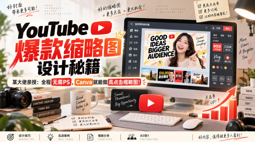 YouTube爆款缩略图设计秘籍,某油管大佬(610万订阅者)亲授,全程无需PS,Canva就能做高点击缩略图!【原创双语字幕】-龙大资源