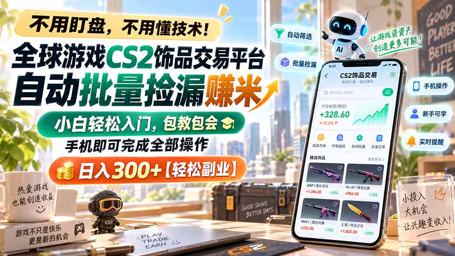 全球游戏CS2饰品交易平台自动批量捡漏赚米，小白轻松入门，包教包会，手机即可完成全部操作，日入300+【轻松副业】-龙大资源