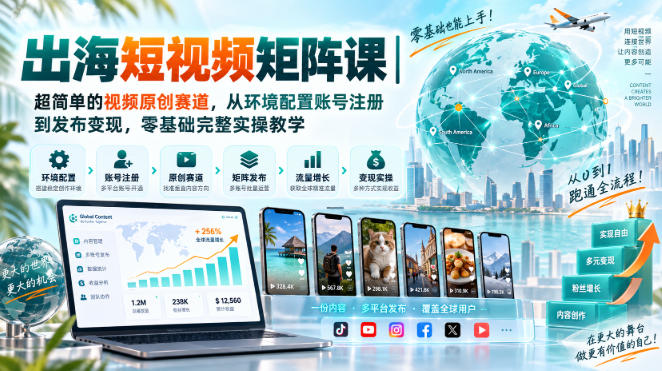 出海短视频矩阵课|超简单的视频原创赛道,从环境配置账号注册到发布变现,零基础完整实操教学-龙大资源